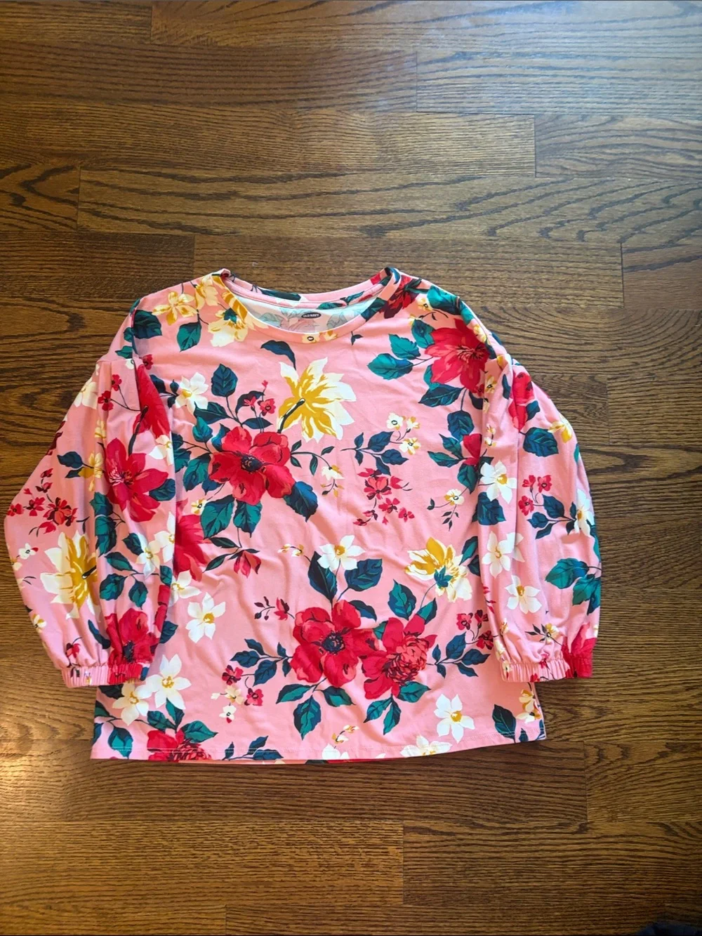 Old Navy Pink Floral Long Sleeve Top with Red, Yellow & Green Accents